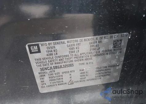 2018 Chevrolet Trax Lt from USA, damaged, VIN 3GNCJLSB9JL325865